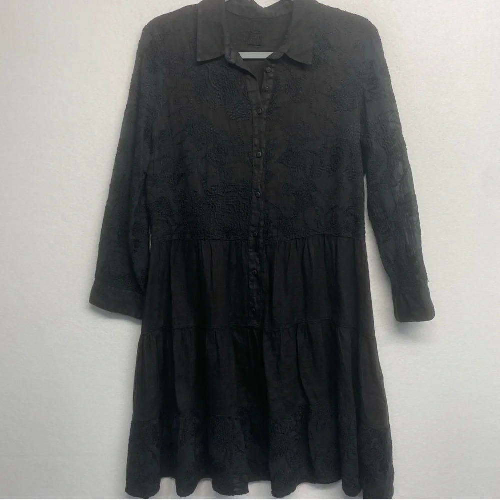 120% Lino Womens Linen Embroidered Button Down A Line Dress Black Size EUR 42